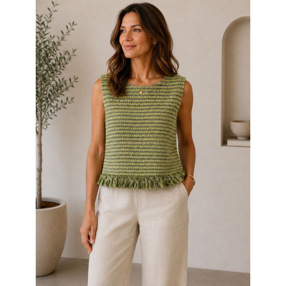 Flora Bea NYC Green Tweed Fringe Hem Cropped Tank Top